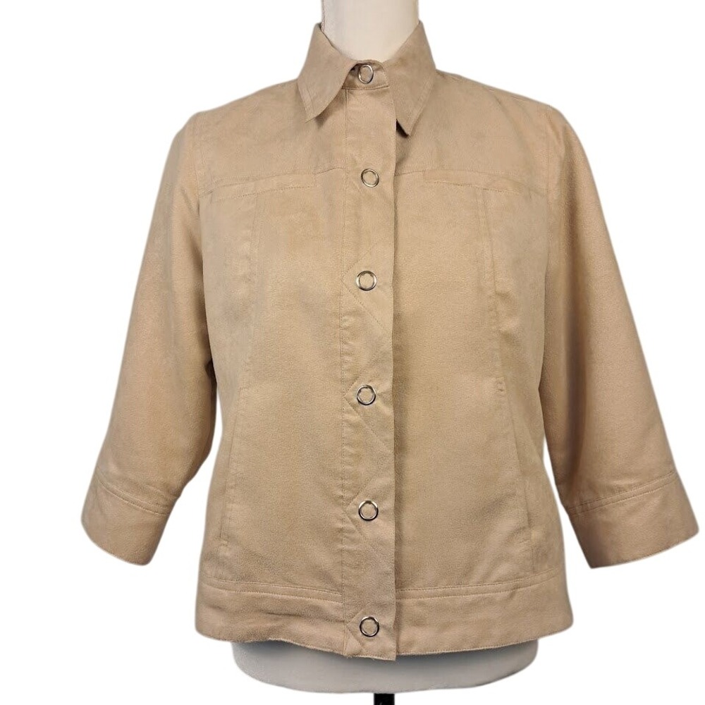 COLDWATER CREEK 8P‎ Faux Suede Fawn Tan Jacket 3/4 Sleeve Snap Front Western